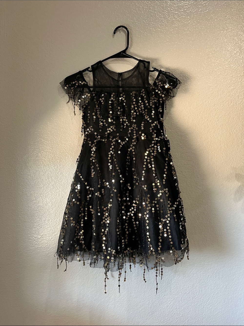 Sunny Fashion Girls Dress black gold Off Shoulder Sz 8 Sequined Party Dress Glam